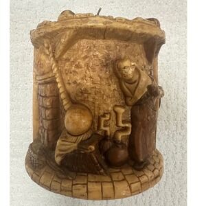 Vintage Zierkerze German Carved Wax Monk Alchemist Relief Art Candle